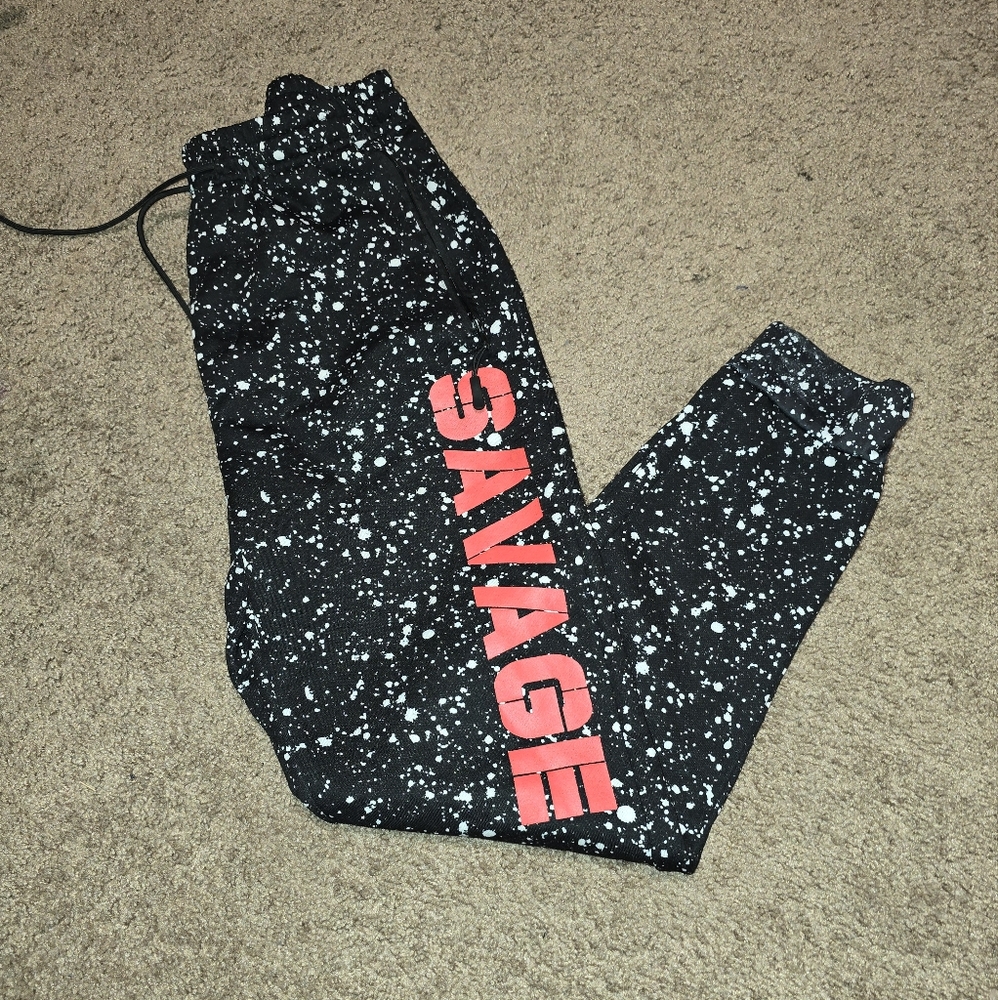 Public Record SAVAGE Sweatpants white paint splattered, Large. Zippered pockets